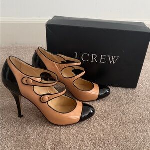 J. Crew Black and Tan Heels with Button Straps